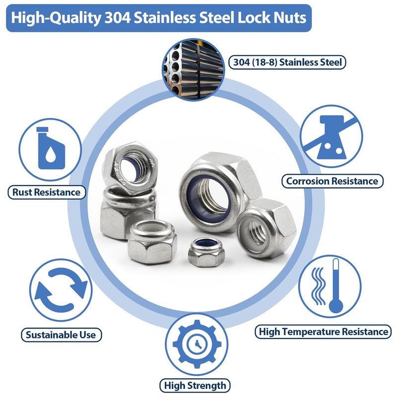 ZQZ 348 Pack SAE & Metric Nylon Insert Locknuts Kit,6#32 8#32 10#24 10#32 1/4-20 5/16-18 3/8-16 1/2-13 M3 M4 M5 M6 M8 M10 M12 304 Stainless Steel Standard Thread Nylock Nuts - Image 4